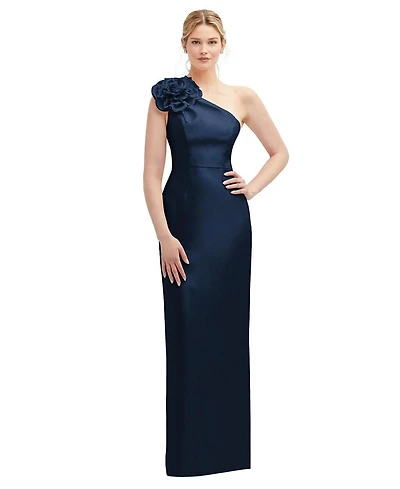 Alfred Sung Plus Oversized Flower One-Shoulder Satin Column Dress