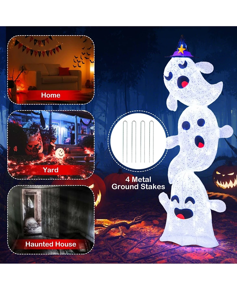 4 Ft Lighted Stacked Ghosts Standing Halloween Decoration with 120 Led Lights and 4 Metal Ground Stakes