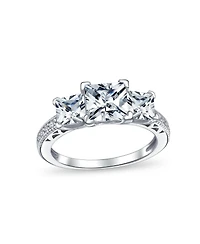Bling Jewelry Classic 3CT Square Princess Cut Three Stone Past Present Future Cubic Zirconia Milgrain Promise Ring Band Set Sterling Silver