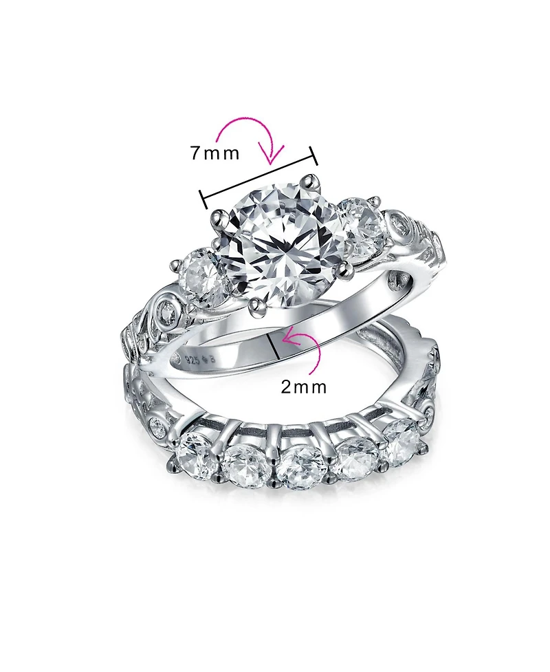 Bling Jewelry 3CT Round Solitaire Three Stone Promise Ring Set,Cubic Zirconia Past Present Future Cz Side Stones Gold Plated Sterling Silver,