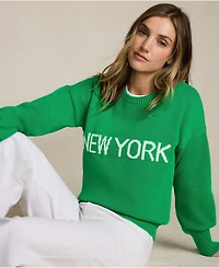Lands' End Women's Cotton Drifter Novelty Jacquard Crew Neck Sweater