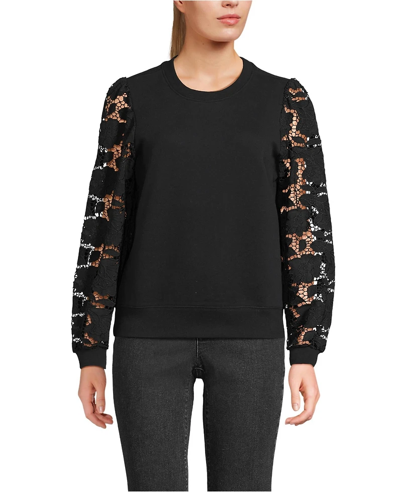 Lands' End Women's Serious Sweats Lace Sleeve Sweatshirt