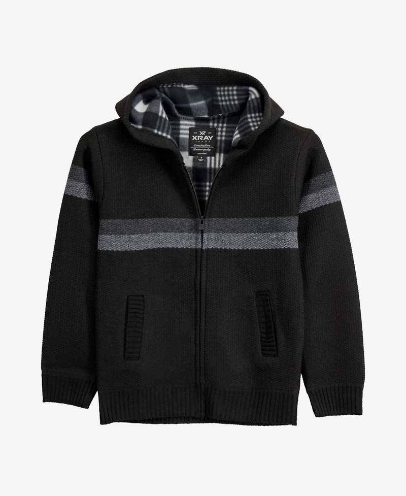 Xray Boy's Full Zip Hooded Sweater With Stripes And Faux Shearling Lining