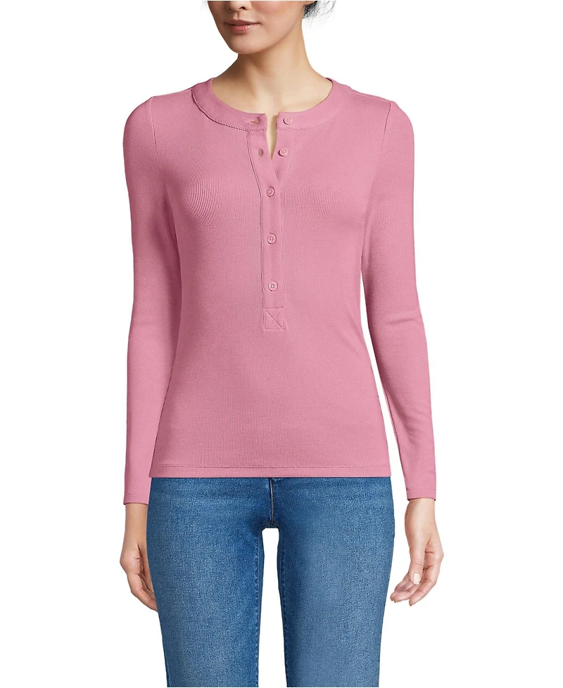 Lands' End Women's Drapey Rib Fitted Long Sleeve Henley T-Shirt