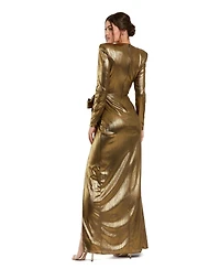 Mac Duggal Women's Metallic Jersey Long Sleeve Gown With Bow