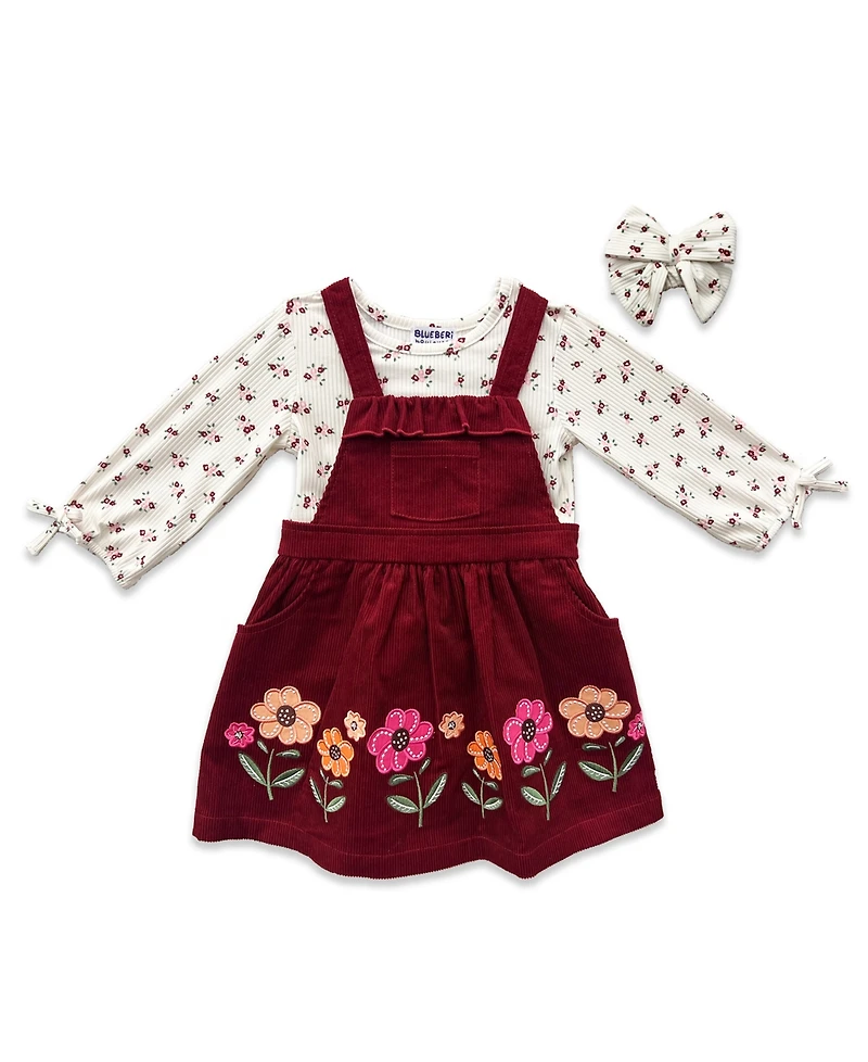 Blueberi Boulevard Baby Girls 3-Piece Floral Top, Headband and Cord Jumper Set