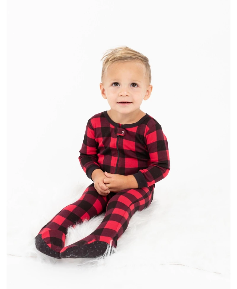 Leveret Baby Footed Cotton Pajamas - Plaid Black and Red - Matching Family Christmas Pajamas