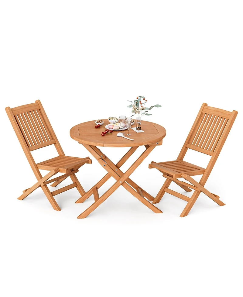 Gymax 3PCS Outdoor Indonesia Teak Wood Bistro Dining Set Folding Chair & Table Slatted Patio