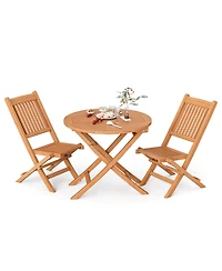 Gymax 3PCS Outdoor Indonesia Teak Wood Bistro Dining Set Folding Chair & Table Slatted Patio