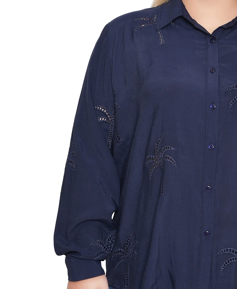 Ny Collection Plus Long Sleeve Palm Tree Blouse Top