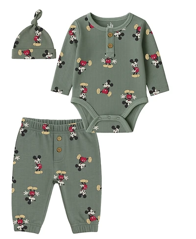Disney Baby Boys 3-Piece Mickey Mouse Bodysuit, Hat and Pants Set