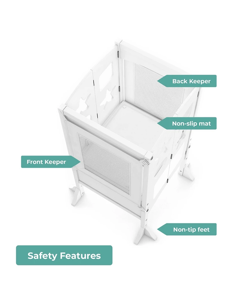 Guidecraft Classic Kitchen Helper Kids' Step Stool - Natural: Foldable and Adjustable Wooden Toddler Tower for Learning with Keeper