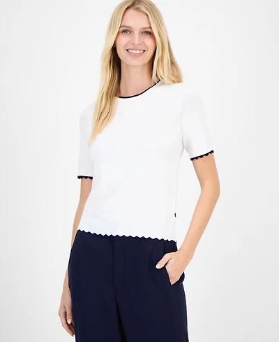 Nautica Jeans Women's Scallop-Trim Short Sleeve Crewneck Sweater