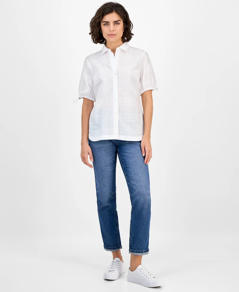 Nautica Jeans Women's Windowpane Bungee-Sleeve Camp Shirt