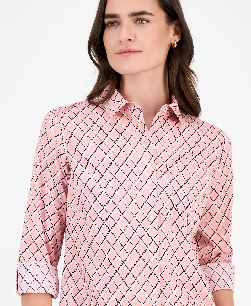 Nautica Jeans Women's Cotton Argyle Dot Roll-Tab Shirt