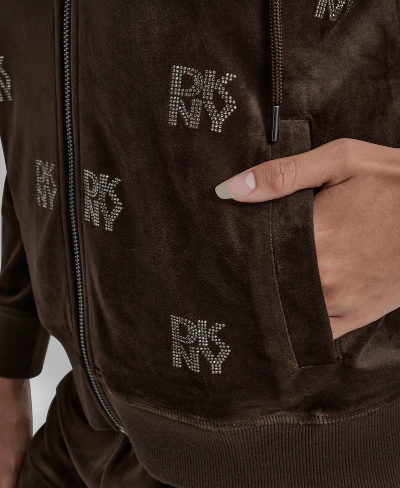 Dkny Jeans Petite Logo Detail Velour Zip-Up Hoodie