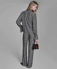 Bcbg Women's Plaid Long Sleeve Tie Neck Top