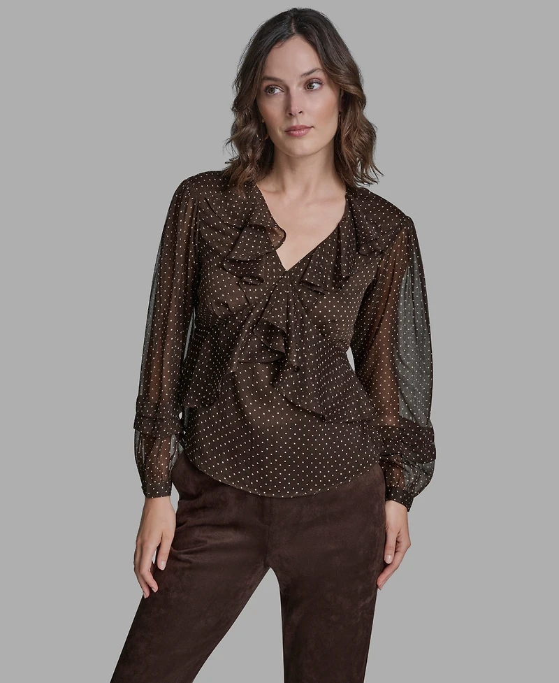 Bcbg Women's Polka Dot Long Sleeve V-Neck Blouse
