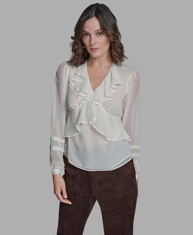 Bcbg Women's Long Sleeve Ruffle V-Neck Blouse
