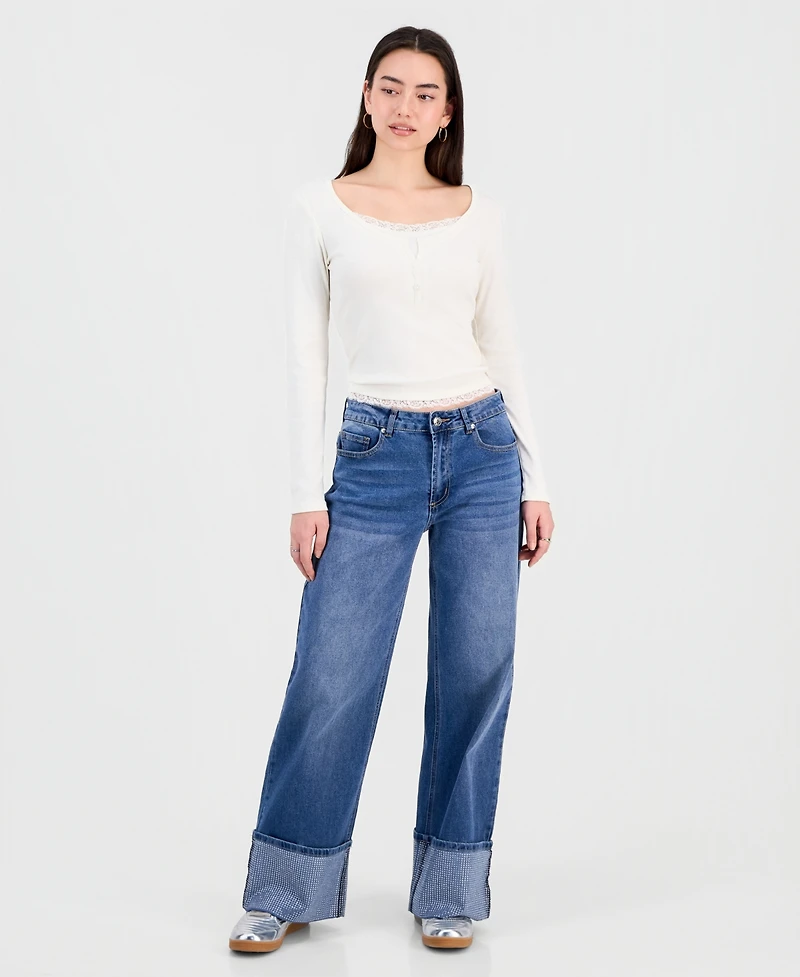 Madden Girl Juniors' Rhinestone-Cuff Wide-Leg Jeans
