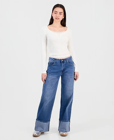 Madden Girl Juniors' Rhinestone-Cuff Wide-Leg Jeans