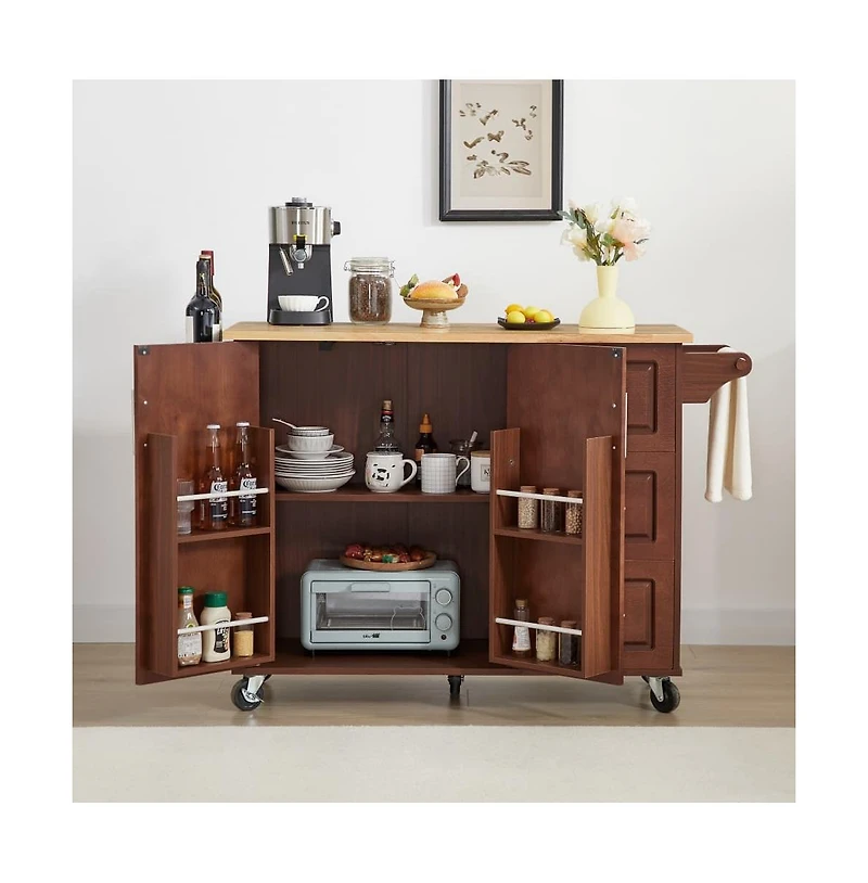 Maison Boucle 53.8" Rolling Kitchen Island with Drop Leaf, Storage Cabinet, 3 Drawers & Wood Top, Mobile Cart on Wheels