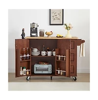 Maison Boucle 53.8" Rolling Kitchen Island with Drop Leaf, Storage Cabinet, 3 Drawers & Wood Top, Mobile Cart on Wheels