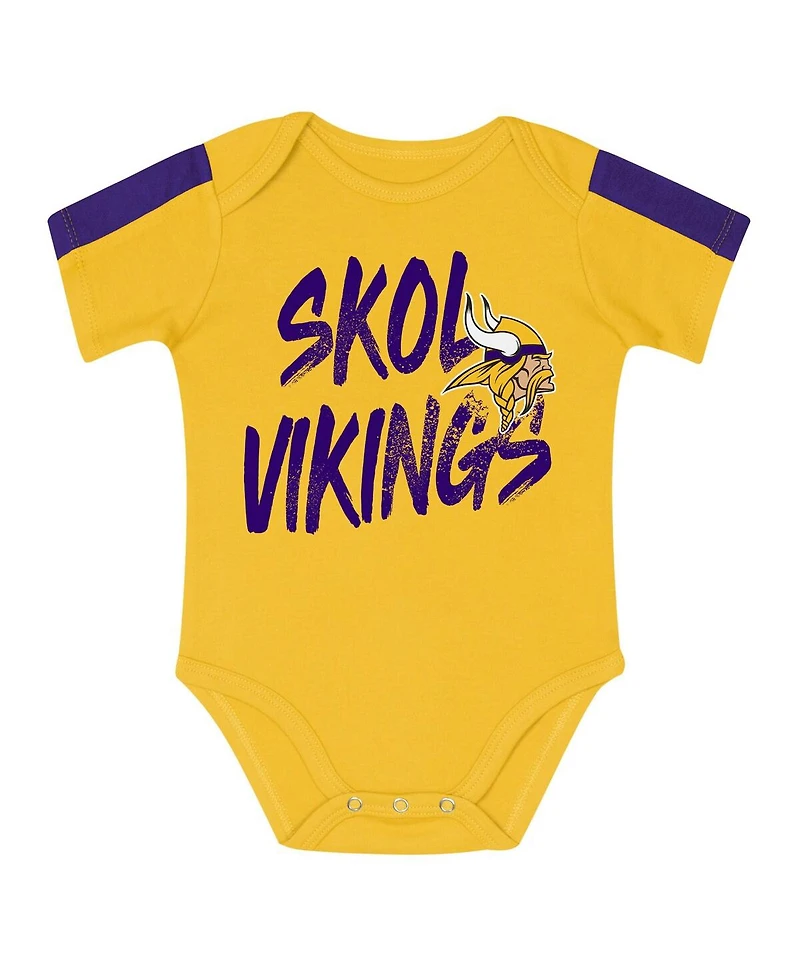 Outerstuff Baby Boys and Girls 3-Piece Purple/Gold Minnesota Vikings Double Down Creeper Pants Set