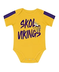 Outerstuff Baby Boys and Girls 3-Piece Purple/Gold Minnesota Vikings Double Down Creeper Pants Set