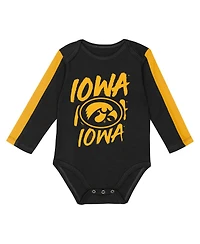 Outerstuff Baby Boys and Girls 3-Piece Black/Gold Iowa Hawkeyes Double Down Creeper and Pants Set