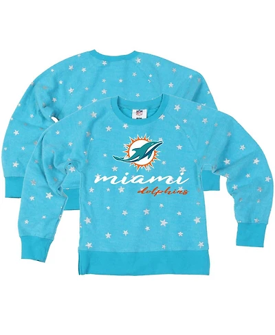 Wes & Willy Big Girls Aqua Miami Dolphins Shimmer Star Reverse Fleece Pullover Sweatshirt