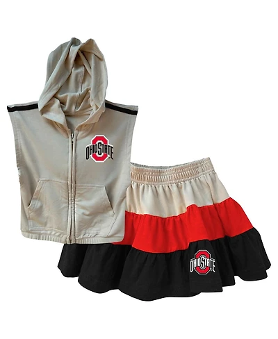 Wes & Willy Girls Toddler Tan Ohio State Buckeyes Tri-Blend Sleeveless Full-Zip Hoodie Tiered Skirt Set