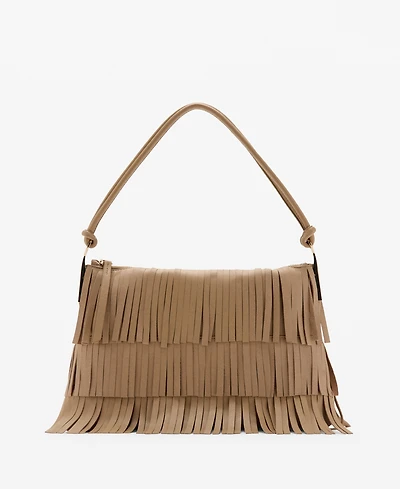 Mango Women's Fringes Detail Large Leather Shoulder Bag
