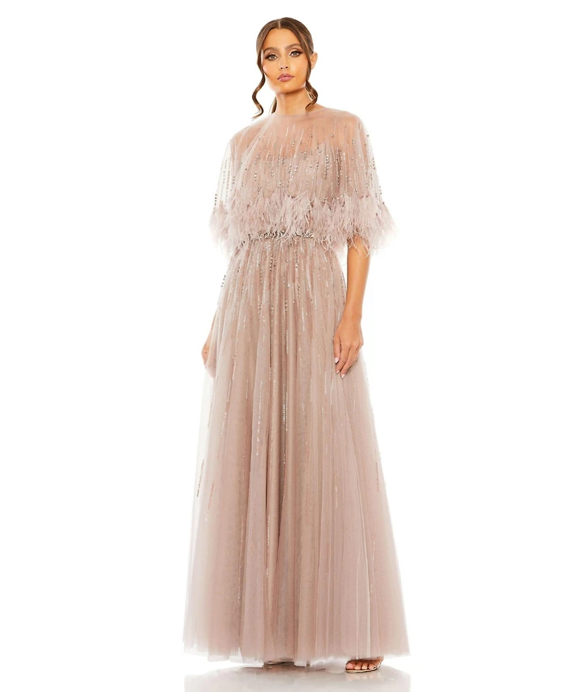 Mac Duggal Women's Embellished A Line Dress with Feather Detail Cape
