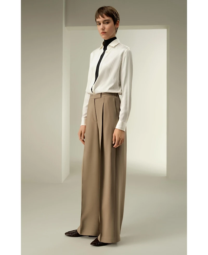 Lilysilk Women's Silk-Wool Pleated Wide-Leg Trousers