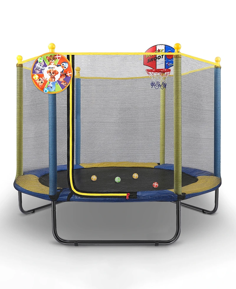 Kids Mini Trampoline with Safety Net and Basketball Hoop for Indoor/Outdoor Use
