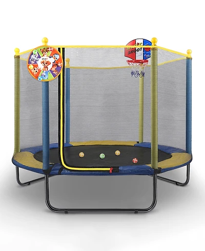Kids Mini Trampoline with Safety Net and Basketball Hoop for Indoor/Outdoor Use