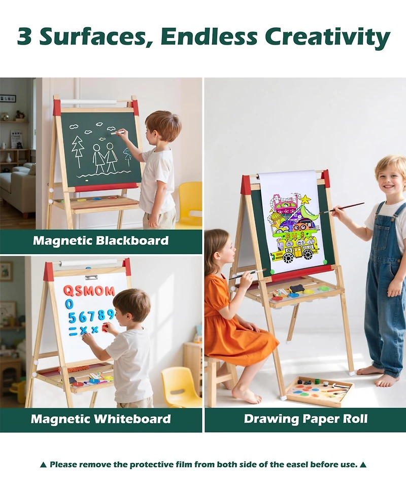 Sugift 3-in-1 Adjustable Kids Art Easel with Chalkboard, Whiteboard, and Paper Roll