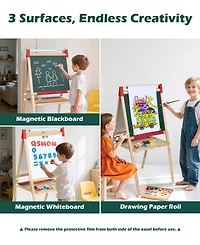 Sugift 3-in-1 Adjustable Kids Art Easel with Chalkboard, Whiteboard, and Paper Roll
