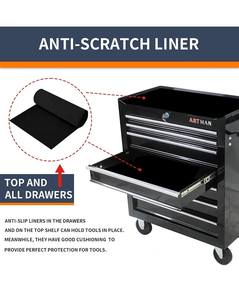 Flynama Black 7-Drawer Industrial Tool Cart with Locking Wheels and Ball Bearing Slides