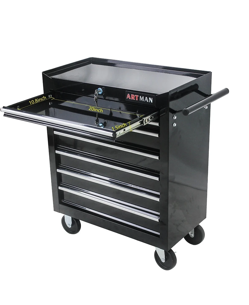 Flynama Black 7-Drawer Industrial Tool Cart with Locking Wheels and Ball Bearing Slides