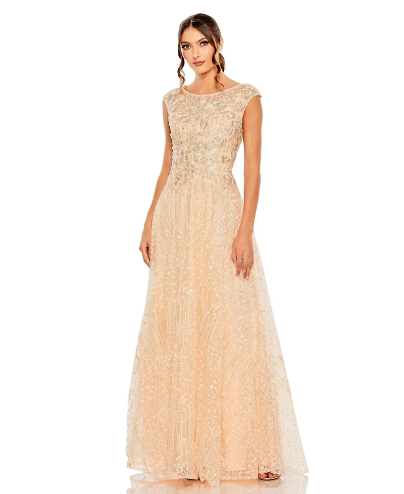 Mac Duggal Women's High Neck Lace Embroidered Detail Gown