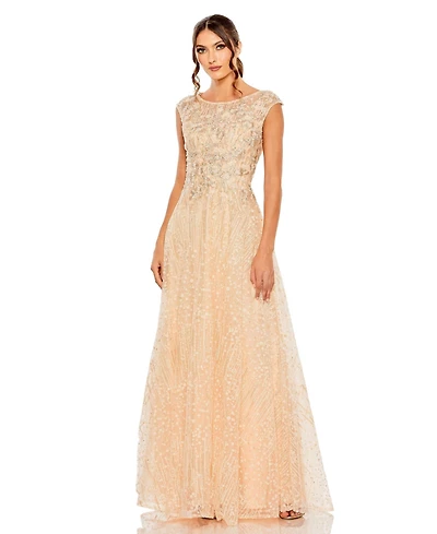 Mac Duggal Women's High Neck Lace Embroidered Detail Gown
