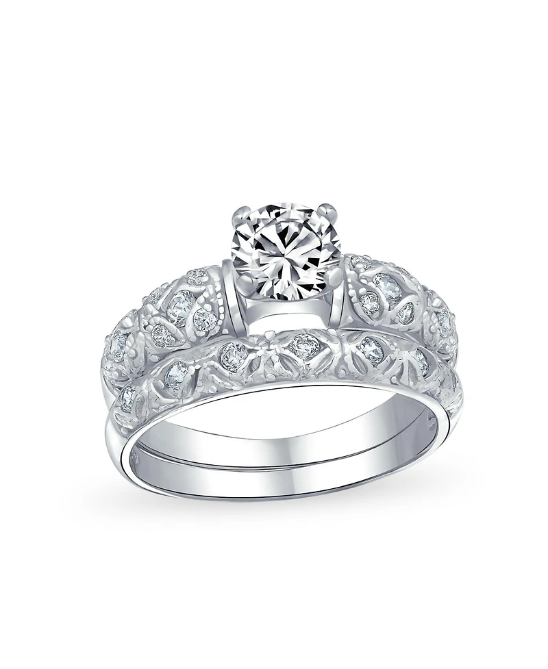 Bling Jewelry European Style 1CT Round Cz Solitaire Promise Ring Set with Filigree Band in Sterling Silver