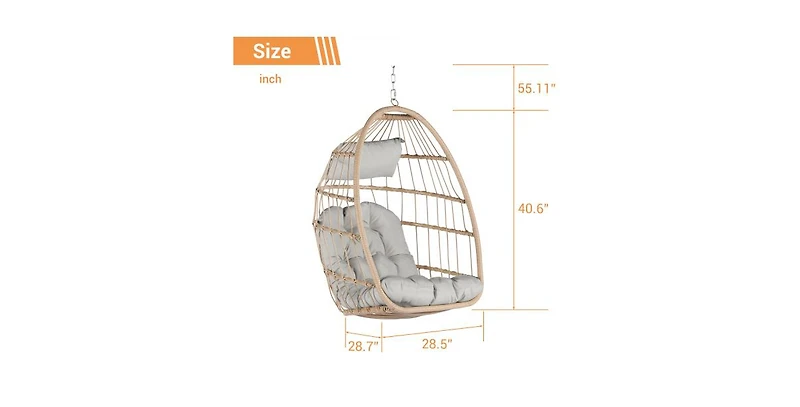 Flynama 55 Inch Outdoor Rattan Egg Swing Chair with Light Gray Cushion