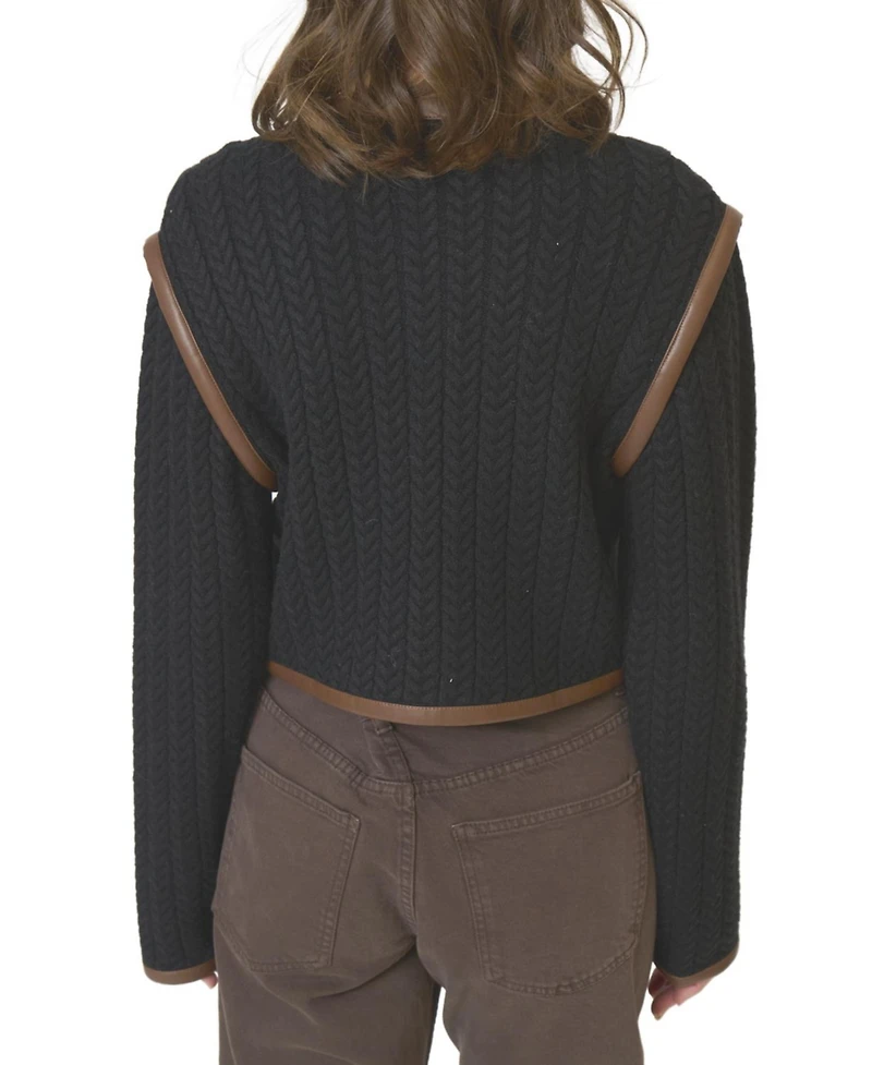 Central Park West Women's Atlas Leather Trim Cable Cardi