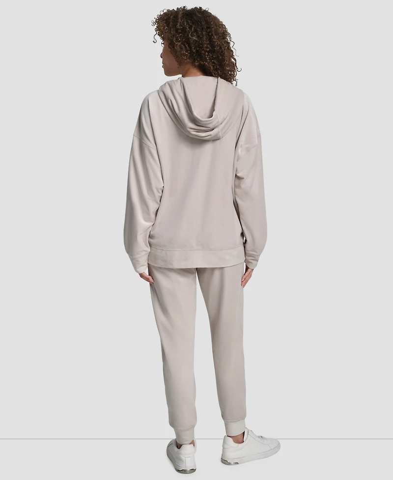 Dkny Women's Platinum Velour Rhinestone Logo Full-Zip Hoodie