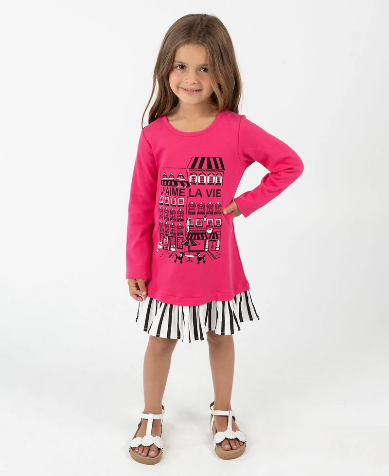 Rare Editions Little Girls Interlock Dress with Black & White Striped Hem