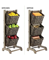 mDesign Water Hyacinth 3-Tiered Storage Baskets Floor Stand - Black/Black Wash