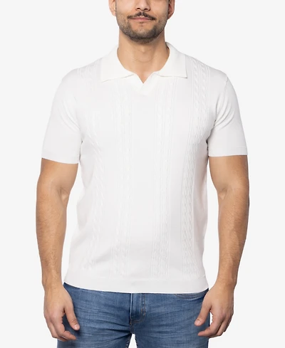 Spring + Mercer Men's Cable Knit Johnny Collar Short Sleeve Sweater Polo